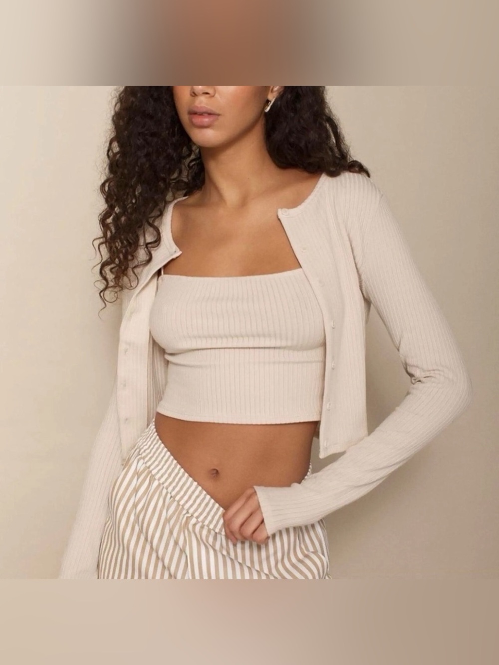 Reformation Ruby Cardigan Ribbed Set- Cream - Picture 5 of 5
